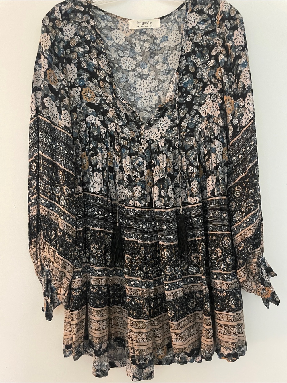 Black Floral Peasant Baby Doll Dress with Cream Accents